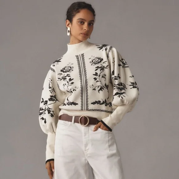 NWT Anthropologie Balloon-Sleeve Embroidered 3D Flowers Turtleneck Sweater - Picture 3 of 17